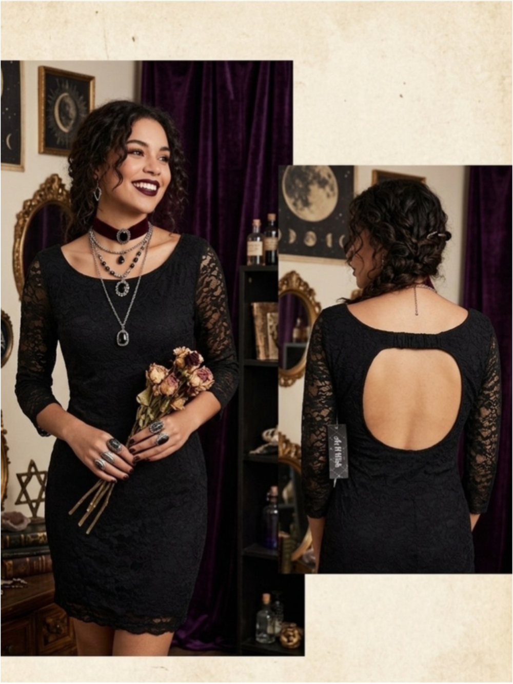 As U Wish Black Lace 3/4 Sleeve Cut Out Back Mini Dress Sz L NWT Whimsigoth